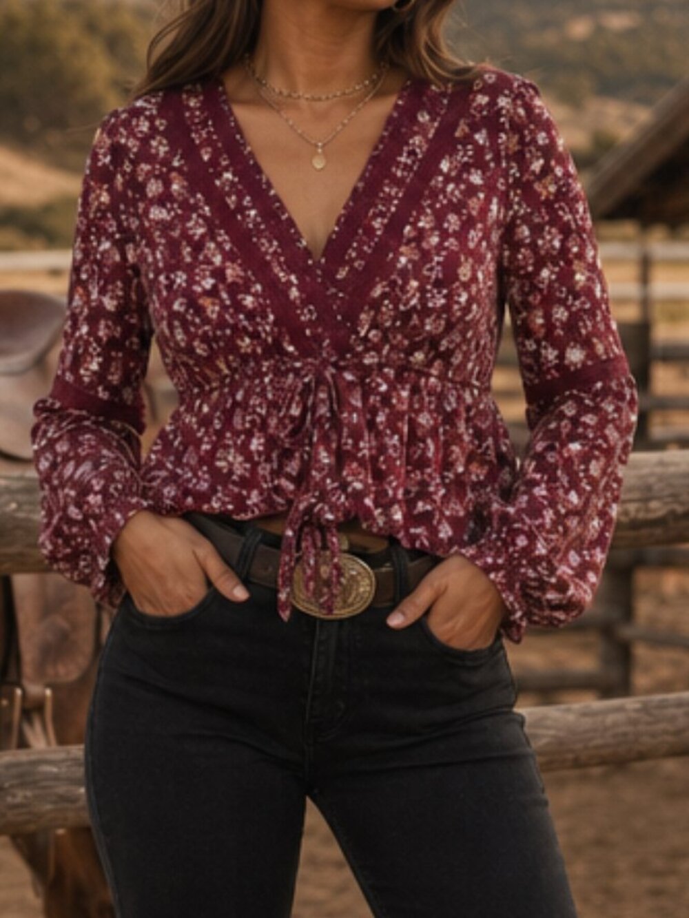 Planet Heart Romantic Date Night Floral Burgundy Peasant Top XL